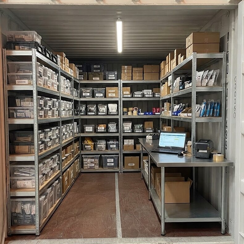 Als Warenlager eingerichteter Container eines Onlinehändlers mit Regalen voller sortierter Artikel und einem Packtisch mit Laptop und Etikettendrucker