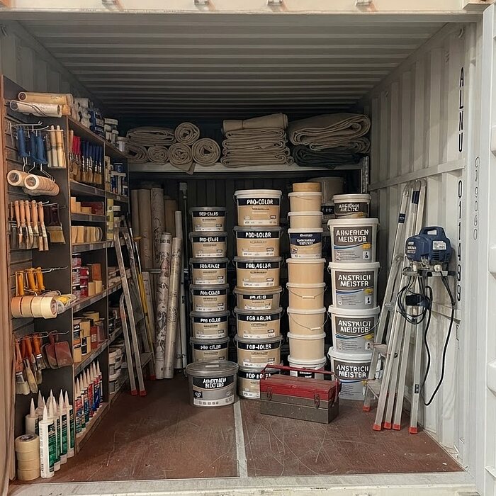 Lagercontainer eines Malerbetriebs mit Farbeimern, Pinseln, Abdeckmaterial und Teleskopstangen im Regal